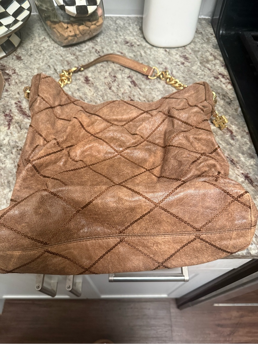 Tory Burch Quilted Brown Leather Shoulder Bag with Gold Hardware